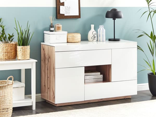 Skjenk skrivebord hvit lyst tre MDF 2 i 1 med hyller og skuffer skap oppbevaring