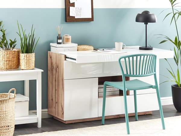 Skjenk skrivebord hvit lyst tre MDF 2 i 1 med hyller og skuffer skap oppbevaring
