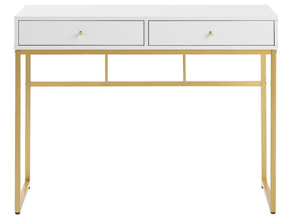 Skrivebord Hvit Gull Metall 100 x 50 cm 2 skuffer Oppbevaring Konsollbord Hjemmekontor Stue Glamour