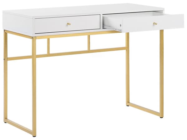 Skrivebord Hvit Gull Metall 100 x 50 cm 2 skuffer Oppbevaring Konsollbord Hjemmekontor Stue Glamour