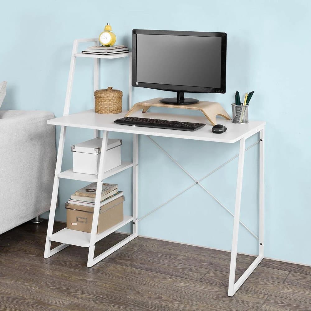 Rootz- Home Office Table Desk Computer Desk Workstation with 3 Tiers Side Storage Shelves- White
