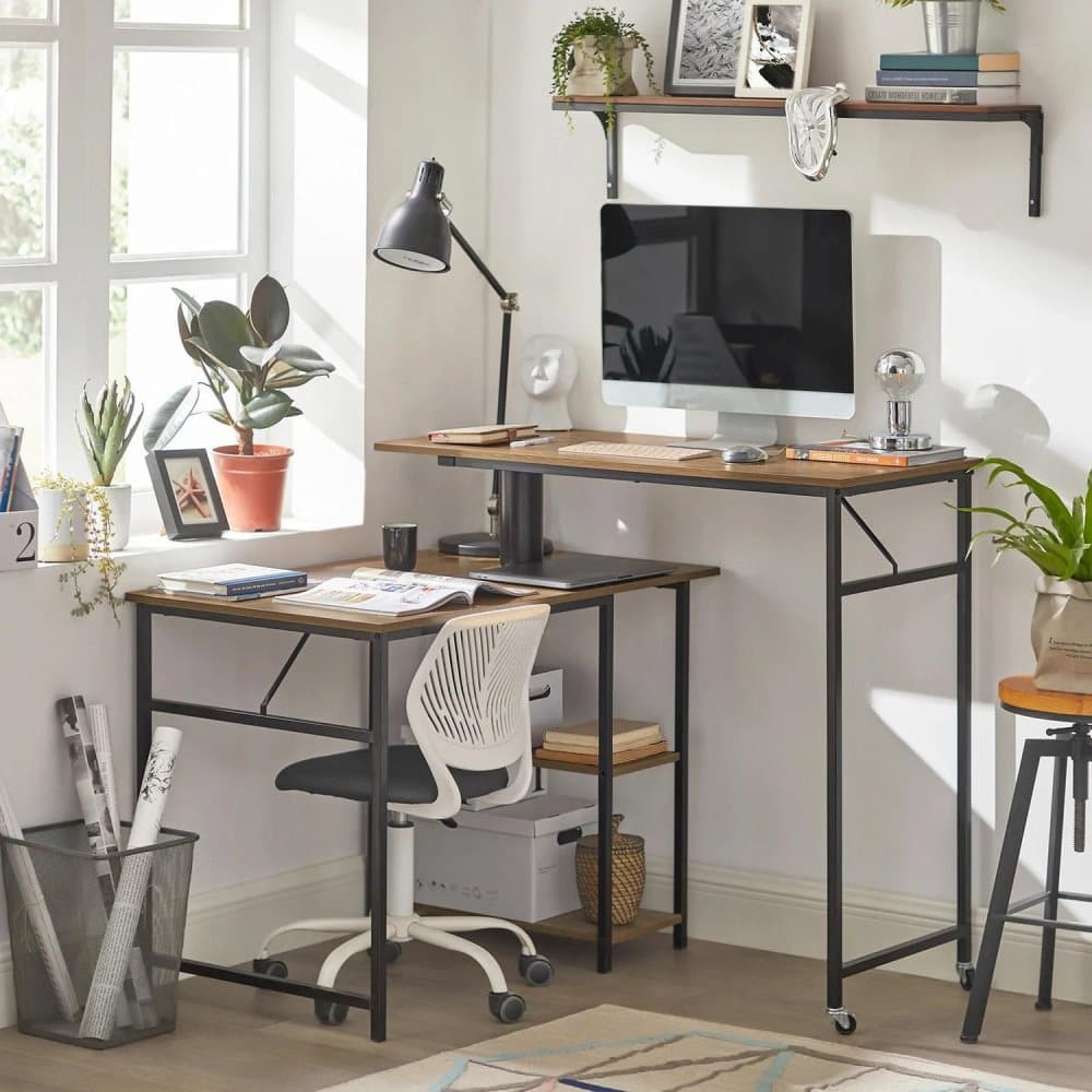 Rootz- Home Office Table Desk Computer Desk Standing Desk Sit Stand Desk Rotatable Desk with 2 Desktops and 2 Shelves