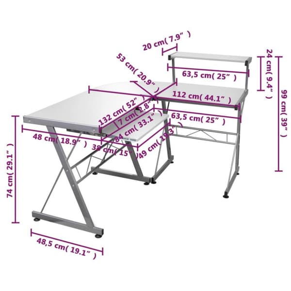 vidaXL Datorbord hörn vit 132x112x99 cm konstruerat trä