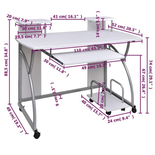 vidaXL Datorbord vit 110x52x88,5 cm konstruerat trä