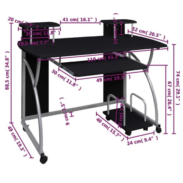 vidaXL computerbord 110x52x88,5 cm konstrueret træ sort