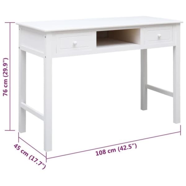 vidaXL Työpöytä valkoinen 108x45x76 cm täysi keisaripuu
