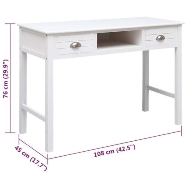 vidaXL Työpöytä valkoinen 108x45x76 cm täysi keisaripuu