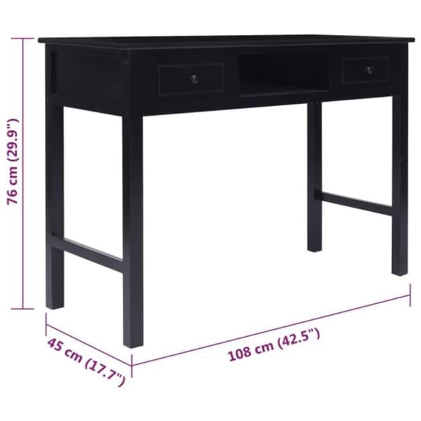 vidaXL Skrivbord svart 108x45x76 cm massivt kejsarträ