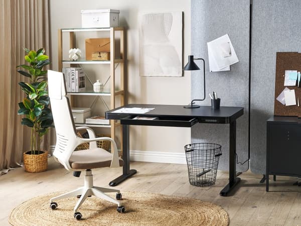 Työpöytä musta 120 x 72-122 x 60 cm lastulevy teräs sähkösäädettävä 4 asetusta USB moderni