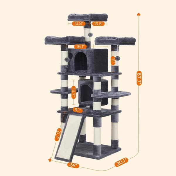 Scratching Post - XXL Papal - Med 3 platforme - med 2 huler - 172 cm - Røggrå