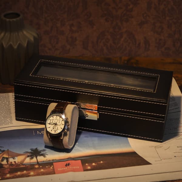 Watch Holder - watchbox - rektangulær - til 5 ure - glaslåg - sort