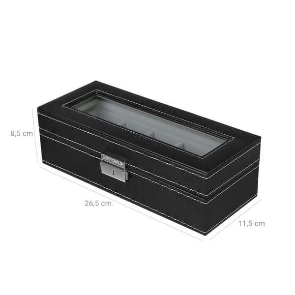 Watch Holder - watchbox - rektangulær - til 5 ure - glaslåg - sort