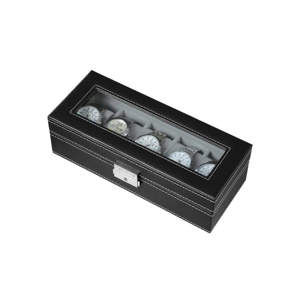 Watch Holder - watchbox - rektangulær - til 5 ure - glaslåg - sort