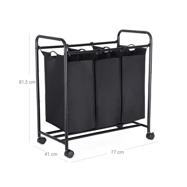 Pesulakori - Kankaan keräilijä - 3 irrotettavan kankaiden laukut - Washbasin pyörillä - 3 x 44 litraa - musta