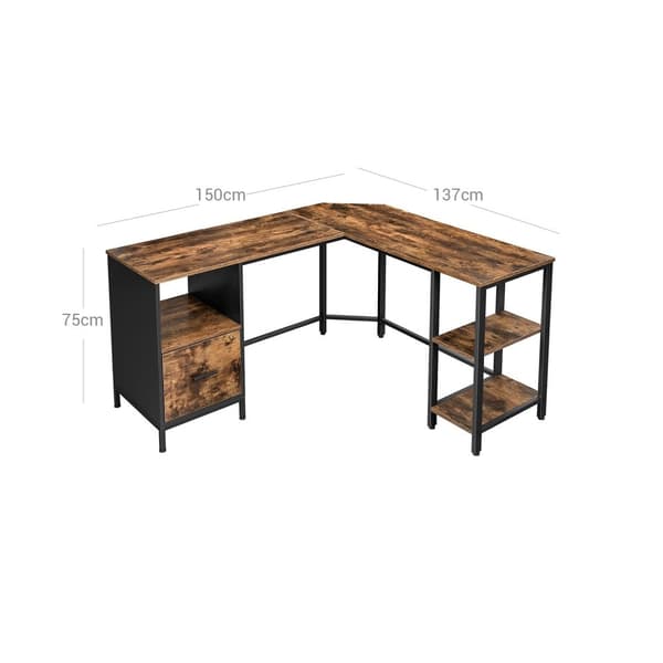 Bureau - Office Office - L -lomake - Computer Desk - kabinetti - Vintage Brown / Black