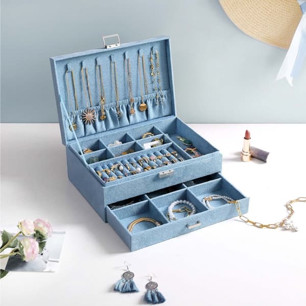 Smyckeslåda - smyckesbox - sammet - med låda - blå