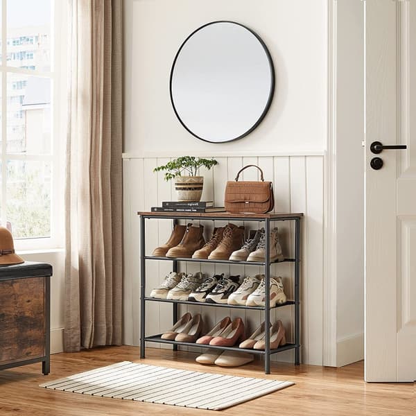 Sko rack - skoskåp - med 3 hyllor - gjord av polyester tyg - metallram - brun svart