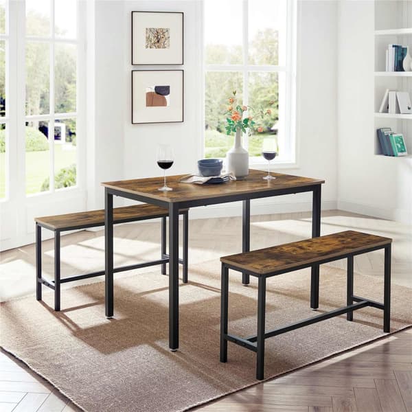 Spisebord - køkkenbord sæt med 2 bænke - industriel design - brun / sort