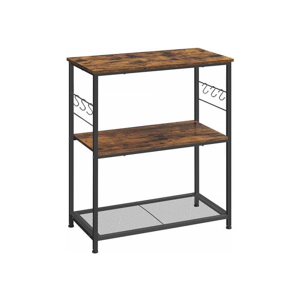 KitchenPlank - Mikrobølgehylde - Cooking Island - Standing Rack - Metalramme - 3 planker - Åben - 6 Haken - Vintage Brown -zwart