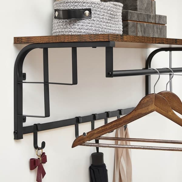 Wall Coat Rack - væghylde - væg hængende hylde - med 5 aftagelige kroge - brun