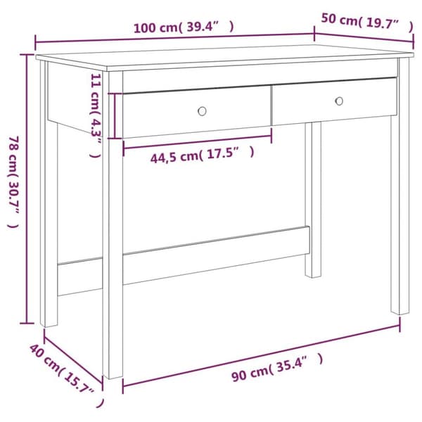 vidaXL Työpöytä laatikoilla 100x50x78 cm täysi mänty