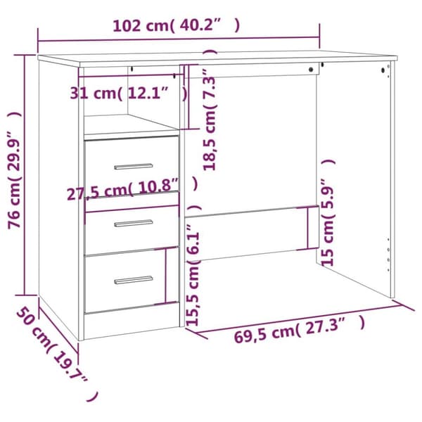 vidaXL skrivebord m. skuffer 102x50x76 cm konstrueret træ betongrå
