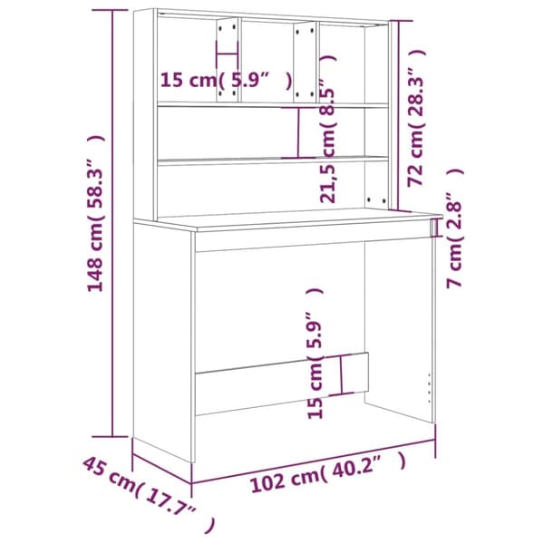 vidaXL Skrivbord med hyllor rökfärgad ek 102x45x148 cm konstruerat trä