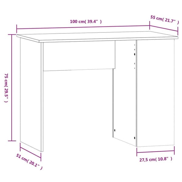 vidaXL Skrivebord hvit 100x55x75 cm konstruert tre