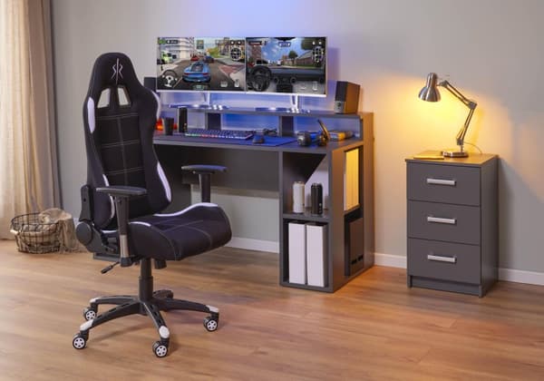 MatchPoint skrivebord gaming, med hylder grå.