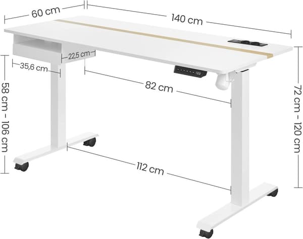 Elektrisk skrivebord - Højdejusterbar - hukommelsesfunktion med 4 højder - hvid - 60 x 140 cm