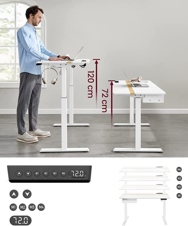 Elektrisk skrivebord - Højdejusterbar - hukommelsesfunktion med 4 højder - hvid - 60 x 140 cm