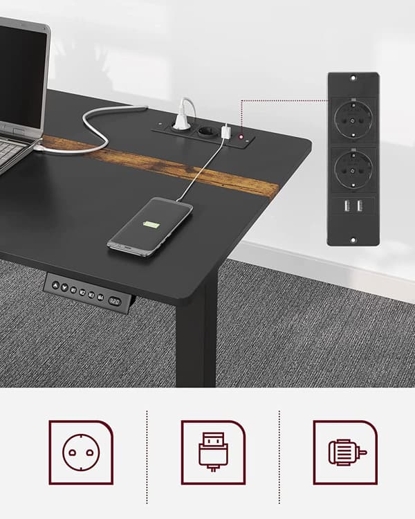 Elektrisk skrivebord - Højdejusterbar - hukommelsesfunktion med 4 højder - med stikkontakt - sort - 60 x 140 cm