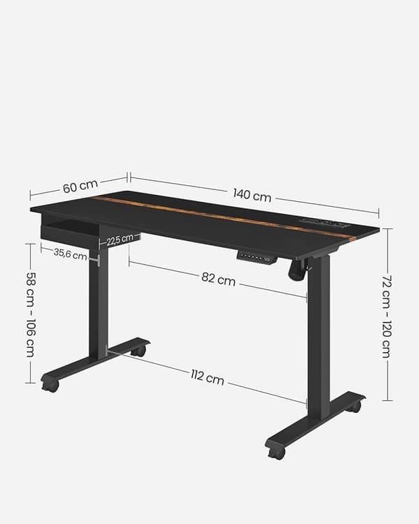 Elektrisk skrivebord - Højdejusterbar - hukommelsesfunktion med 4 højder - med stikkontakt - sort - 60 x 140 cm