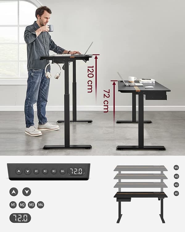 Elektrisk skrivebord - Højdejusterbar - hukommelsesfunktion med 4 højder - med stikkontakt - sort - 60 x 140 cm