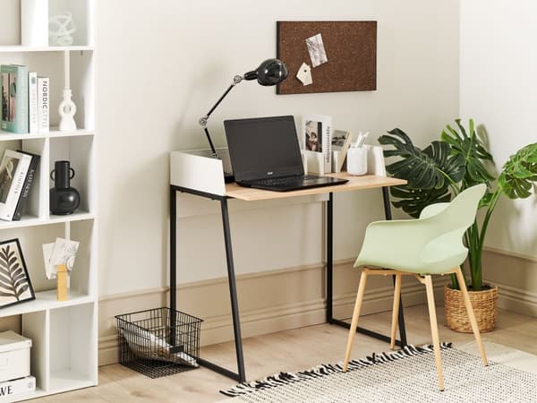 Työpöytä vaalea puu valkoinen 90 x 90 x 60 cm MDF teräs lokerot kaapeliläpivienti moderni