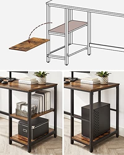 VASAGLE Datorbord, Skrivbord med 2 hyllor, Arbetsbord, Rustik Brun och Svart