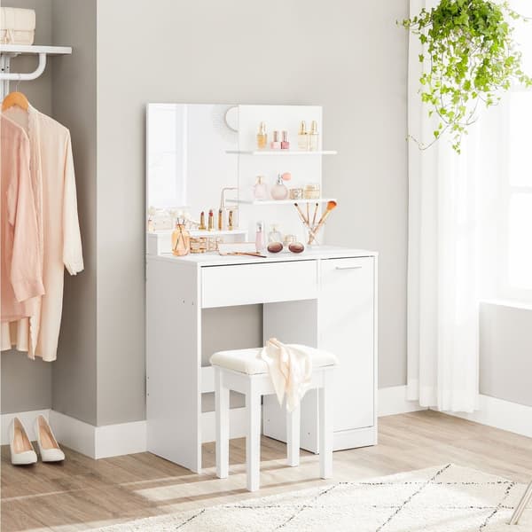 Dressing Table - Make -Up Table - 1 stor skuffe - med spejl og belysning - 2 hylder - Hvid
