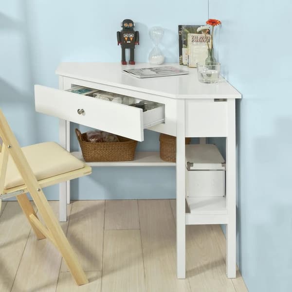 Rootz- Hvidt Hjørne Skrivebord- Trekantet Bord Skrivebord med Skuffe- Hjemmekontor Skrivebord Computer Skrivebord Arbejdsstation