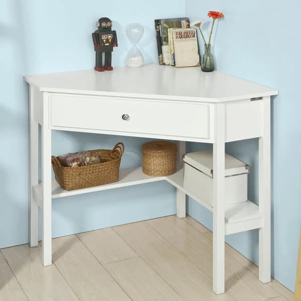 Rootz- Hvidt Hjørne Skrivebord- Trekantet Bord Skrivebord med Skuffe- Hjemmekontor Skrivebord Computer Skrivebord Arbejdsstation