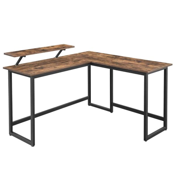 Rootz L-formet skrivebord med skærmstativ til at studere, spille, arbejde - Justerbare ben - Metalramme - Rustik brun - (140 x 130 x 76/91,5 cm)
