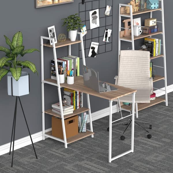 Rootz Desk - Foldable Desk - Bookcase - 4 Levels - Computer Desk - Processed Wood - Metal - White - Oak