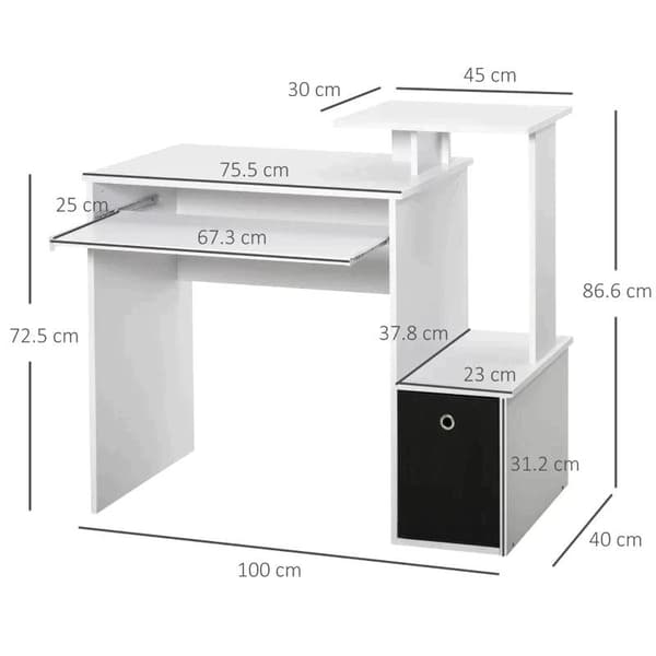 Rootz computerbord - Kontorbord - Spillebord - PC-bord med tastaturbakke - Hjem - Kontor - Hvid - 100 x 40 x 86,6 cm