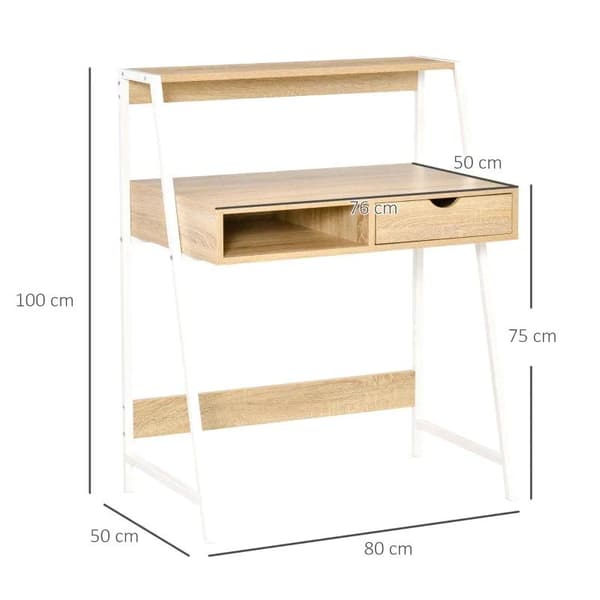 Rootz Desk - Työpöytä laatikolla ja hyllyllä - Suuri säilytystila - E1 lastulevy - Metallikehys - Luonnollinen - 80 x 50 x 100 cm