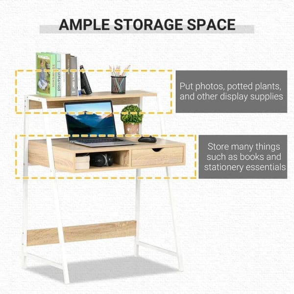 Rootz Desk - Työpöytä laatikolla ja hyllyllä - Suuri säilytystila - E1 lastulevy - Metallikehys - Luonnollinen - 80 x 50 x 100 cm