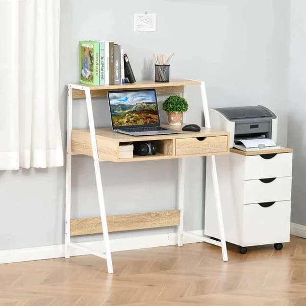 Rootz Desk - Työpöytä laatikolla ja hyllyllä - Suuri säilytystila - E1 lastulevy - Metallikehys - Luonnollinen - 80 x 50 x 100 cm