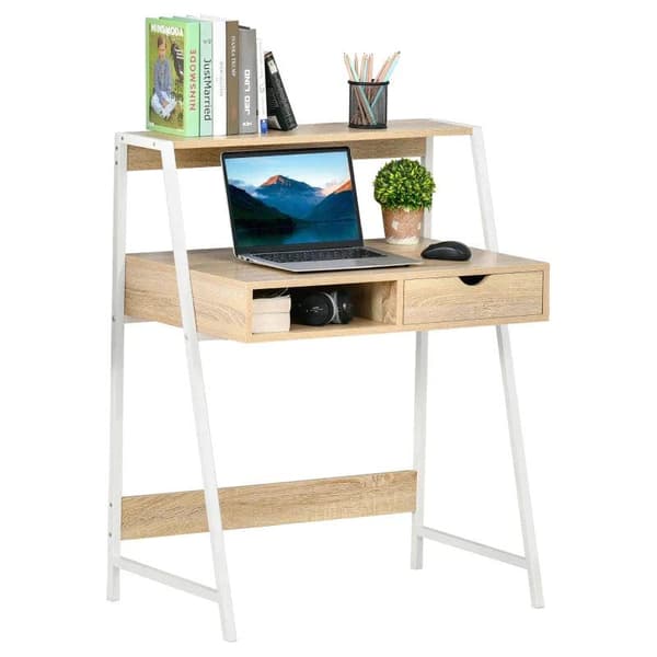 Rootz Desk - Työpöytä laatikolla ja hyllyllä - Suuri säilytystila - E1 lastulevy - Metallikehys - Luonnollinen - 80 x 50 x 100 cm