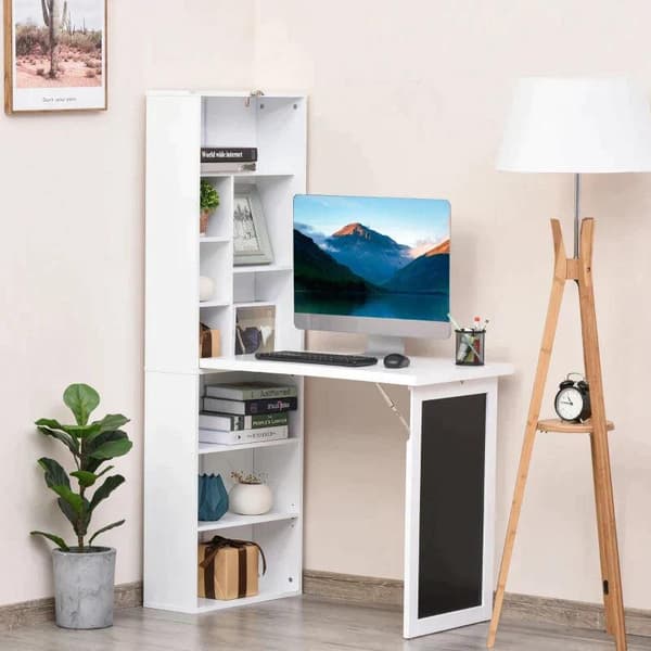 Rootz Skrivebord - Bogreol - Computer Office Workstation - Kontorbord - Sammenklappeligt Spisebord Sammenklappeligt 6 Rum Bogreol - Metalstel - Hvid