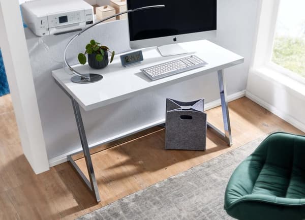 Rootz työpöytä 120x55x76 cm korkeakiiltoinen valkoinen - hopea PC-pöytä metallijaloilla - Design-tietokonepöytä - kotitoimiston toimistopöytä - Konsol