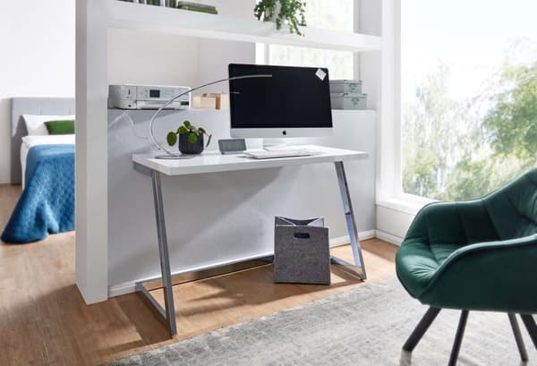 Rootz työpöytä 120x55x76 cm korkeakiiltoinen valkoinen - hopea PC-pöytä metallijaloilla - Design-tietokonepöytä - kotitoimiston toimistopöytä - Konsol