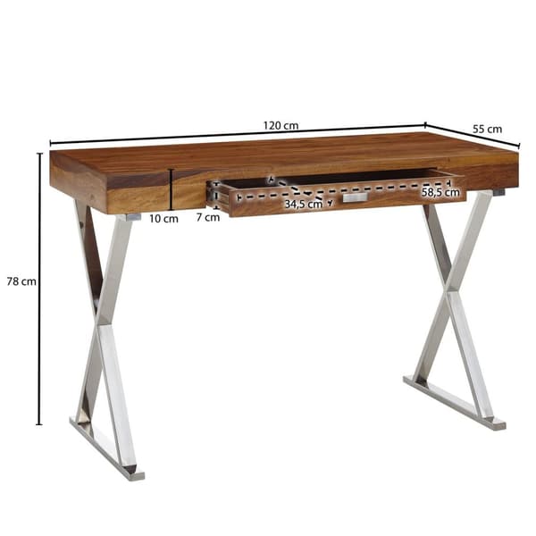 Rootz skrivebord 120x55x78 cm massivt sheesham træ - metal krom - Design kontorbord med skuffe - HomeOffice laptop bord computer bord med opbevaringsp